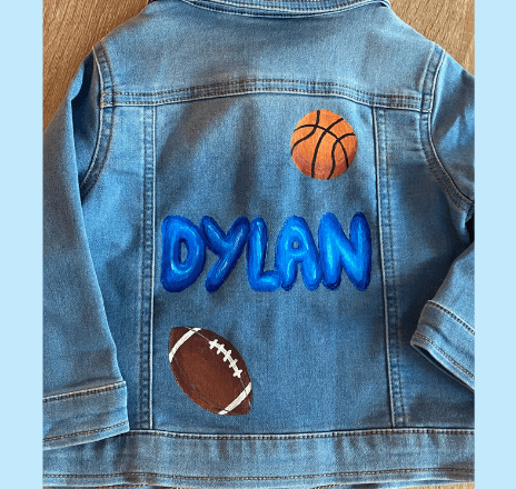 Denim jacket hand-painted with the name DYLAN and sports designs